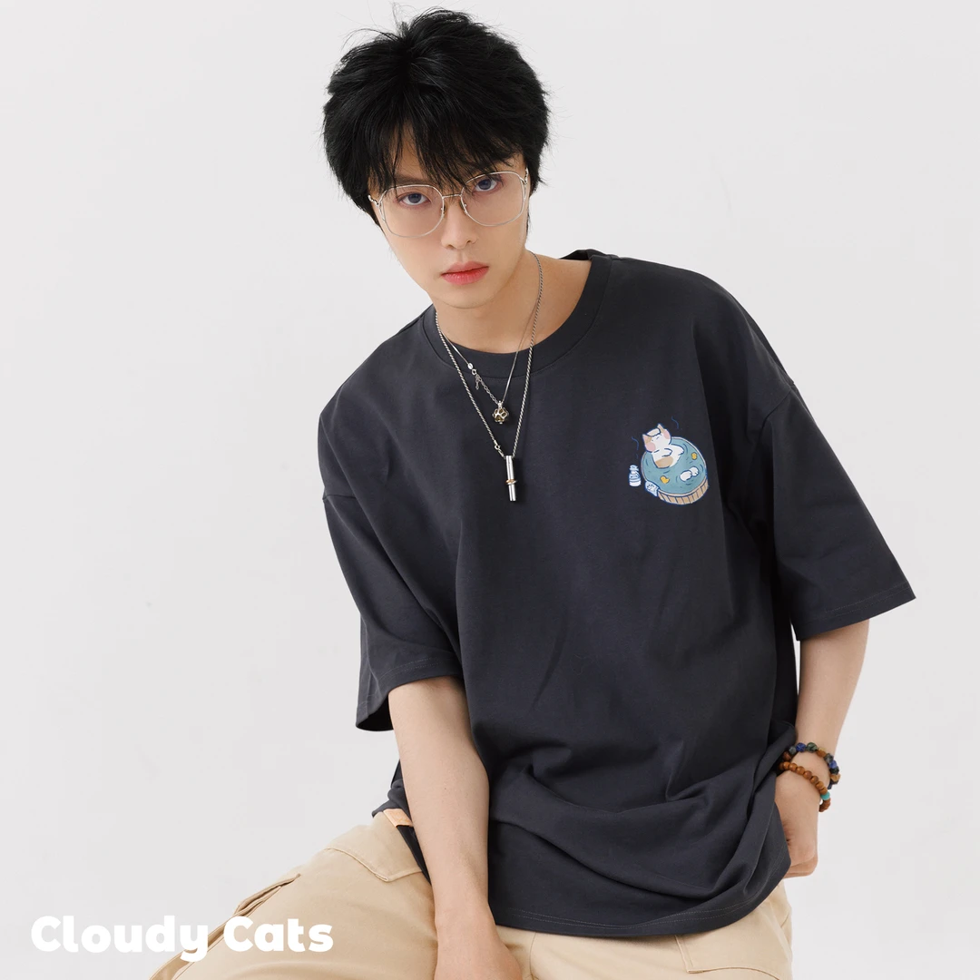 猫猫云CloudyCats小猫泡澡短袖T恤宽松休闲男女同款基础百搭黑白