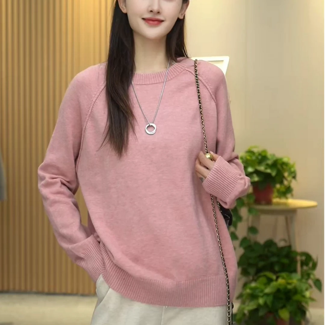 【USU】早春新款纯色简约显瘦插肩长袖圆领百搭休闲宽松针织羊毛衫
