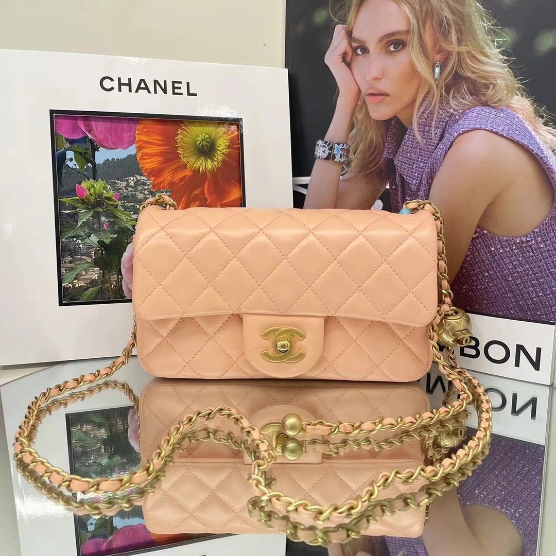 99新 Chanel/香奈儿 22年芯片款 米粉色羊皮金球cfmini 斜挎包