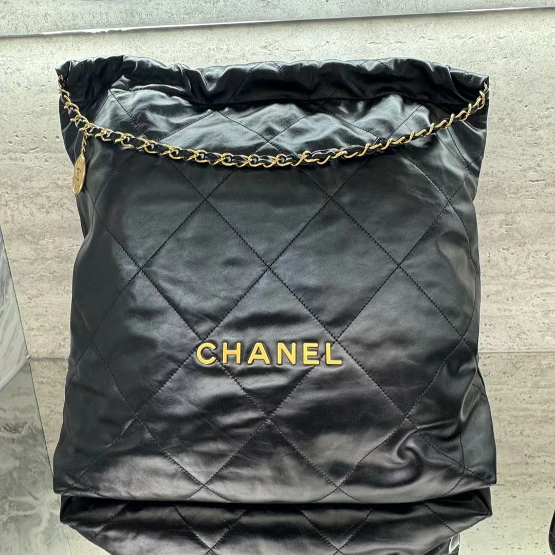 99新 Chanel/香奈儿 黑金牛皮 22bag 大号 单肩包