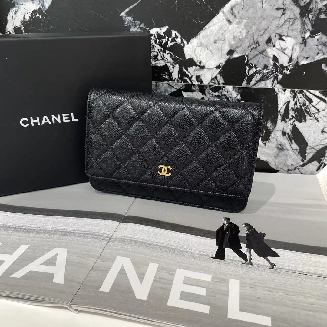 99新 Chanel/香奈儿 芯片款 黑金荔枝纹牛皮经典woc 斜挎包