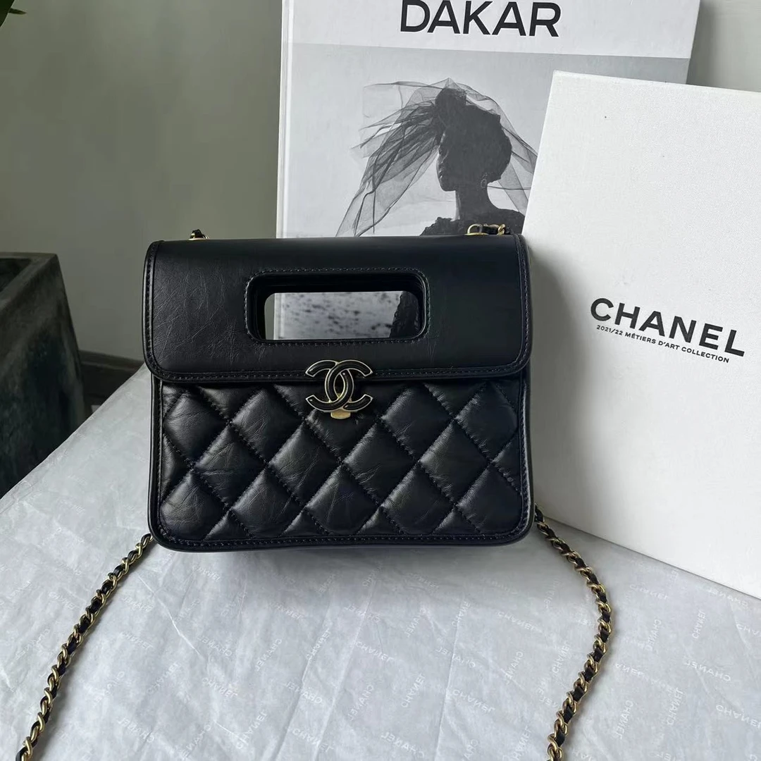 未使用 Chanel/香奈儿 23s黑金复古牛皮腋下斜挎包小号