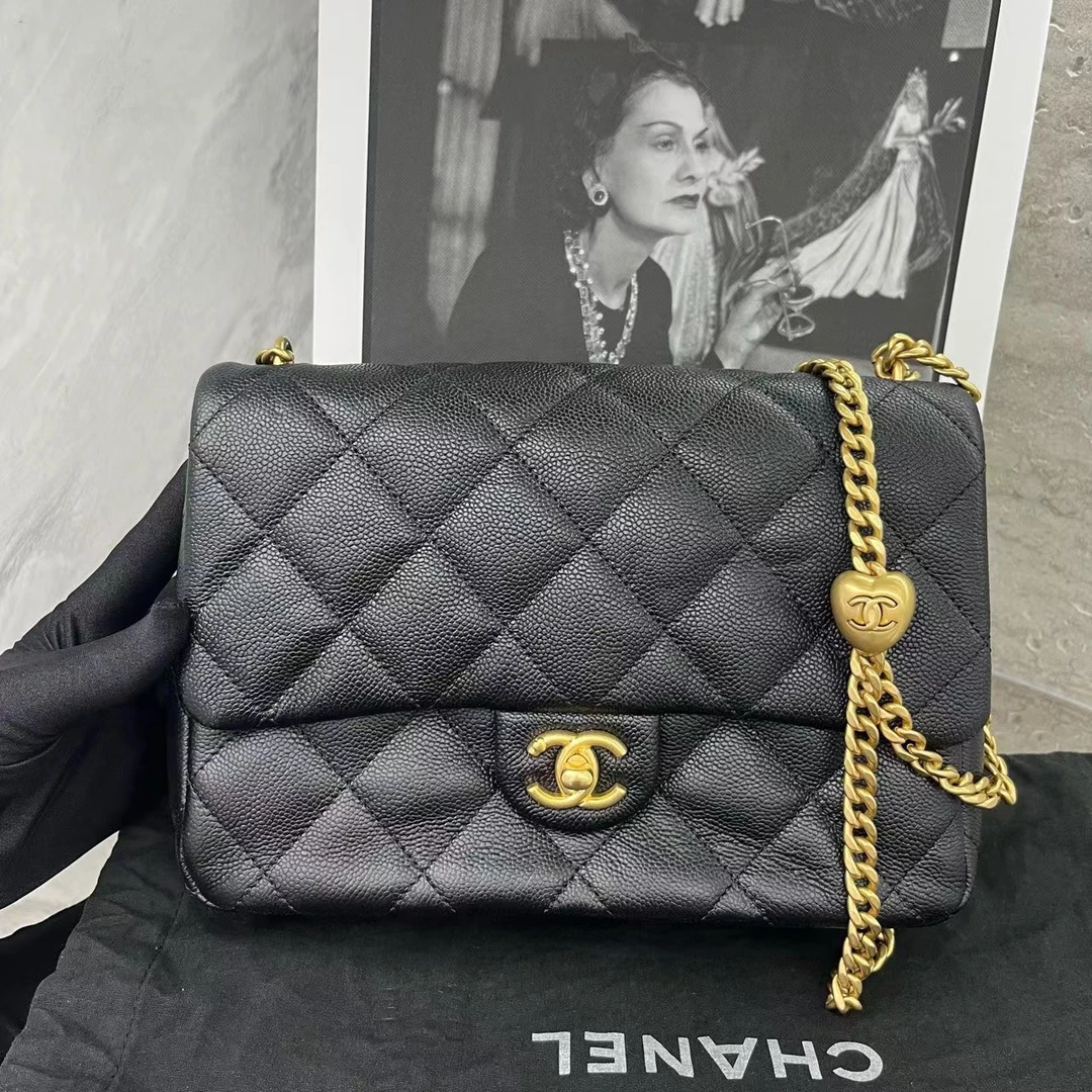 99新 Chanel/香奈儿 闲置24p黑金荔枝牛爱心扣方胖子 斜挎包 大号