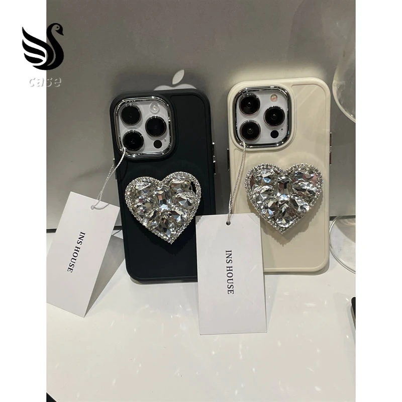 苹果系列iPhone14高级冷淡风13pm碎钻爱心支架12pm纯色手机壳奢华