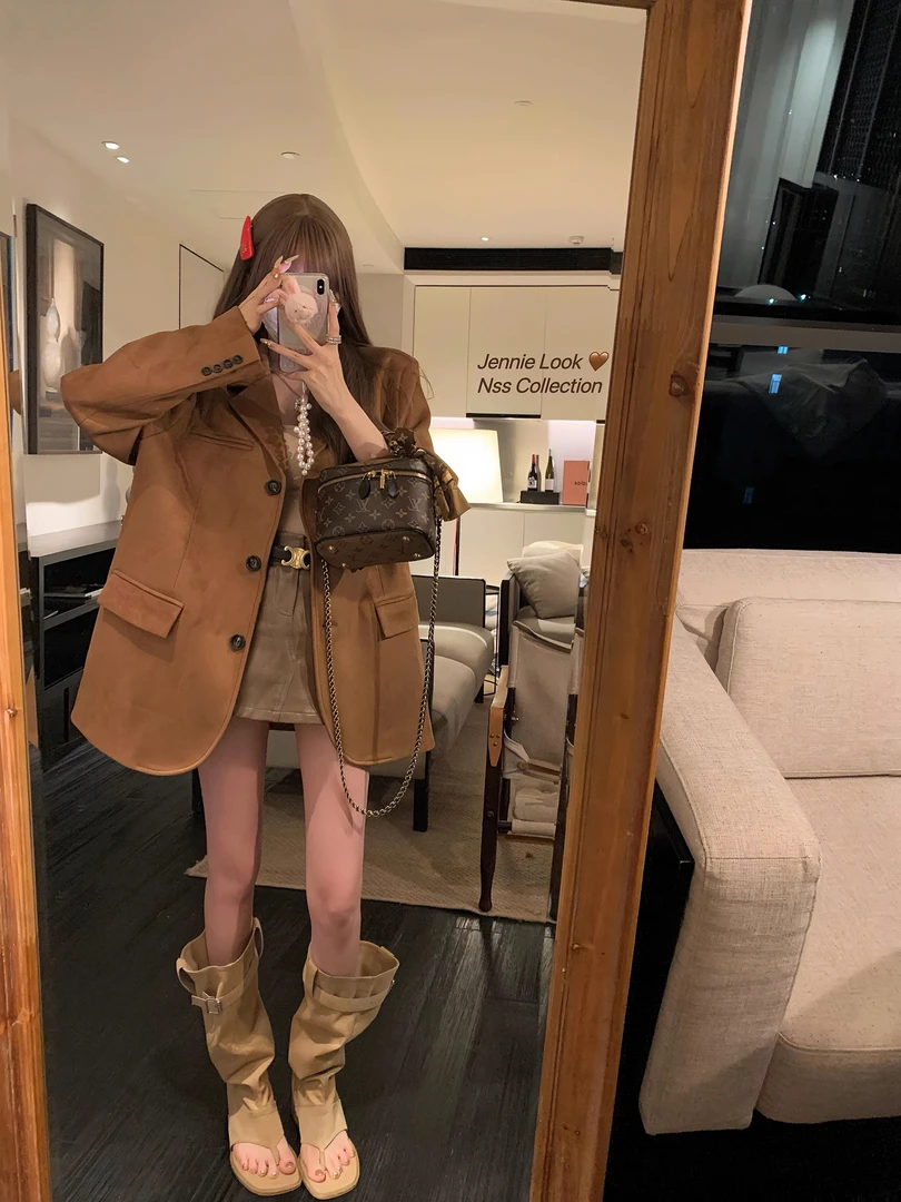 美拉德Get 麂皮质感西服气质设计感小众棕色复古西装外套女 8366