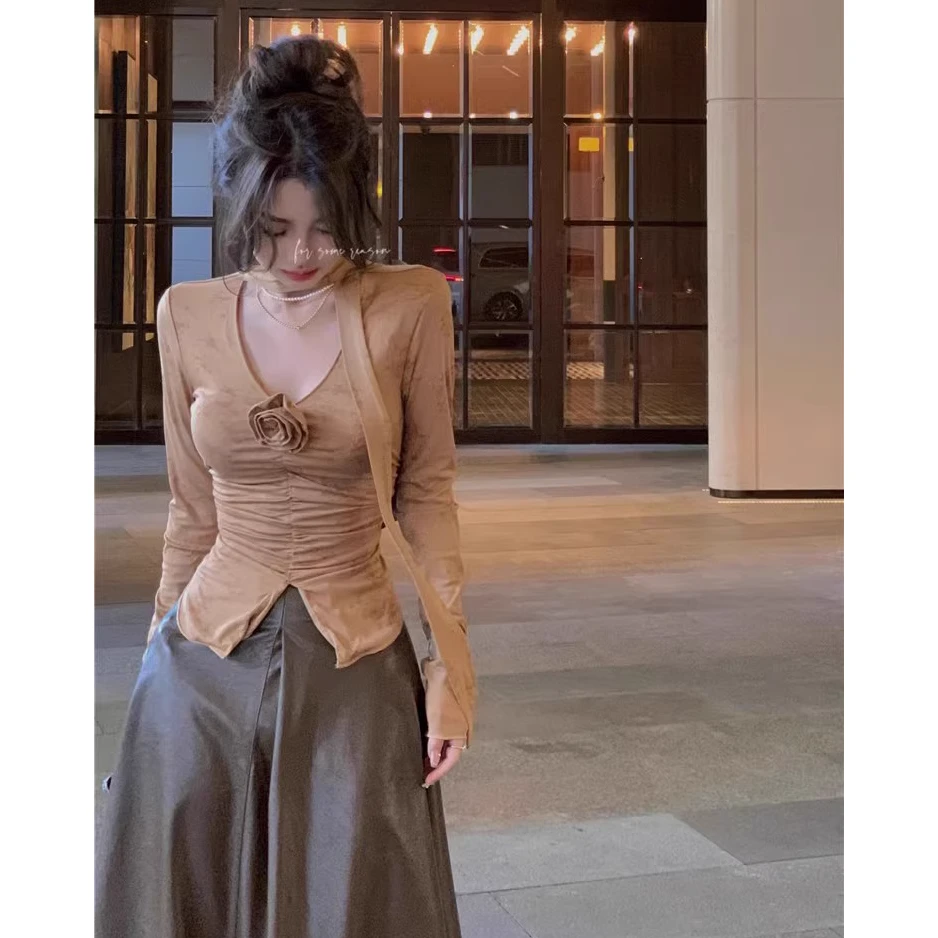 港味法式纯色复古褶皱设计感气质长袖T恤女秋季小众修身百搭 3011