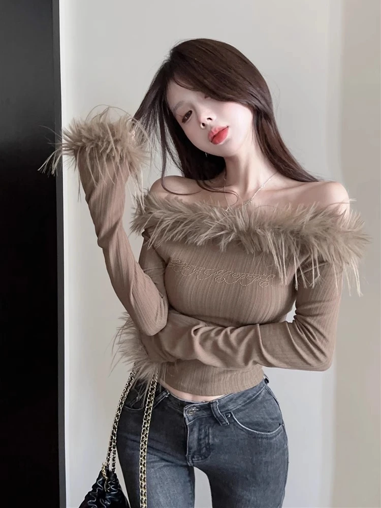 秋冬独特别致甜辣妹一字露肩毛边高级修身短款上衣打底衫女 1027