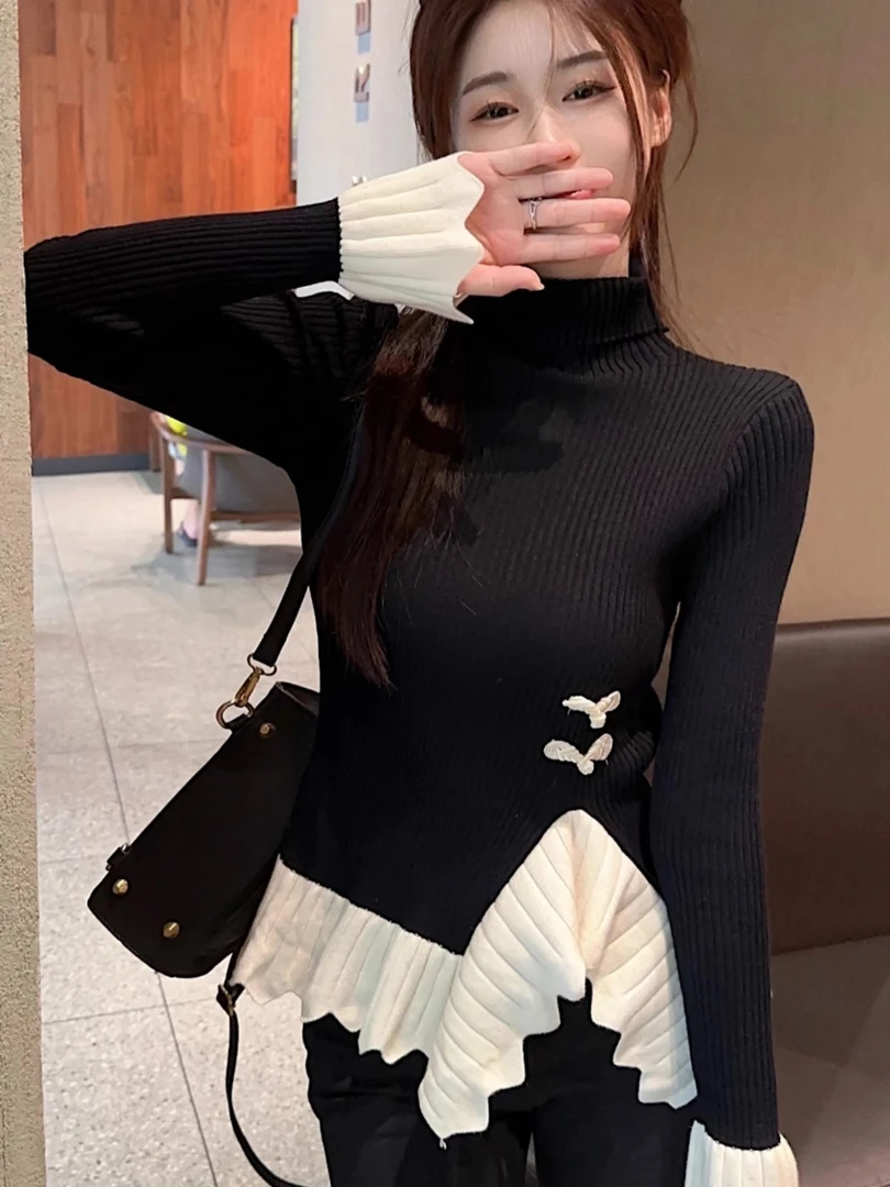 荷叶边喇叭袖针织打底衫秋冬高领内搭新中式国风盘扣毛衣女 1029