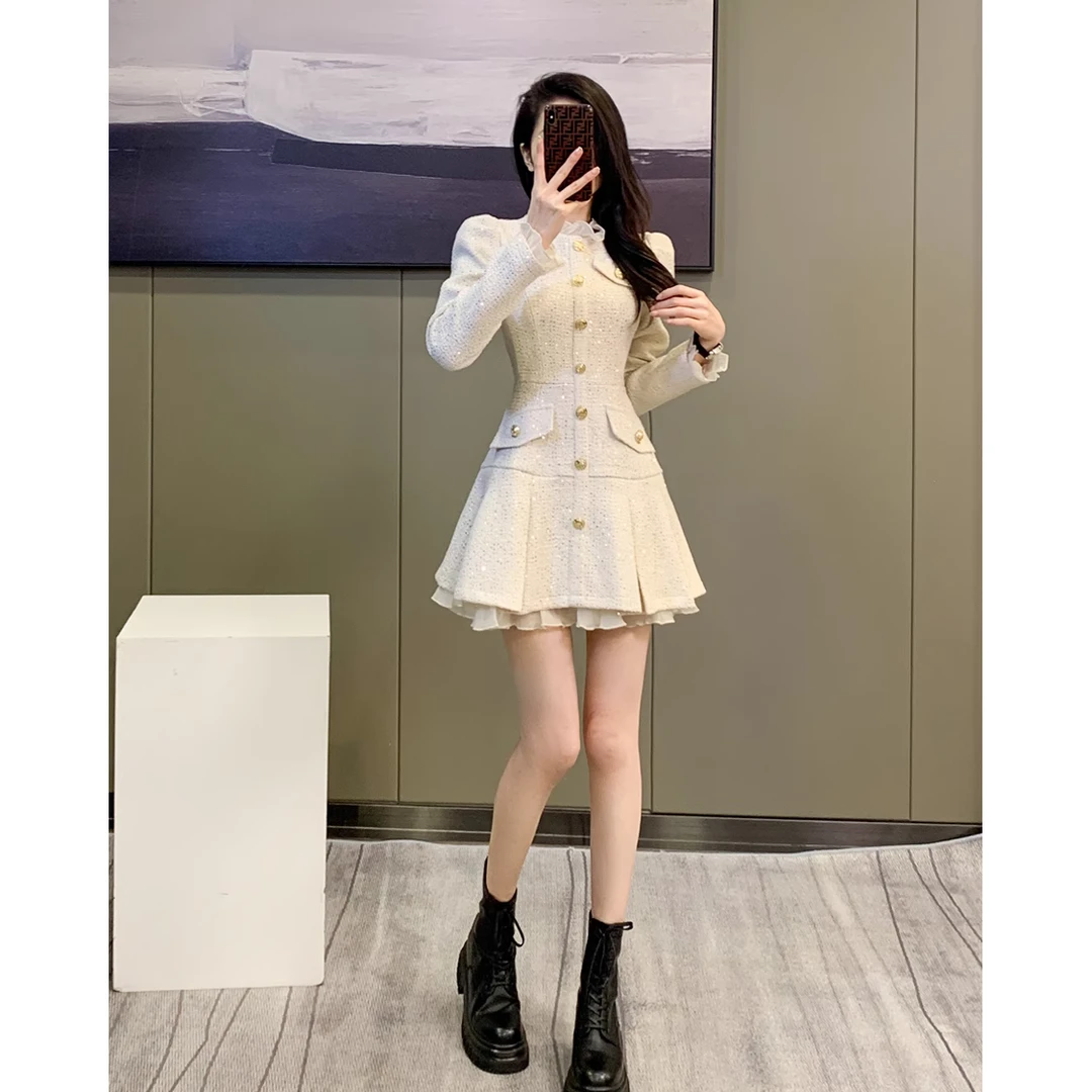 小香风富家千金粗花呢连衣裙女春秋装新款高冷白色温柔裙子 8173