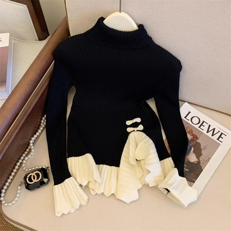 法式复古不规则针织打底衫洋气修身内搭半高领毛衣别致上衣 1029