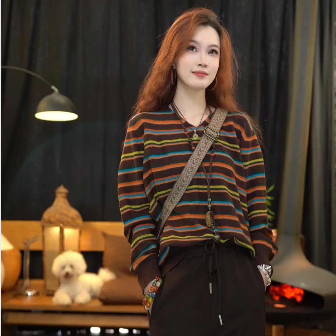 顾玖儿优雅知性时尚百搭长袖条纹上衣#8266