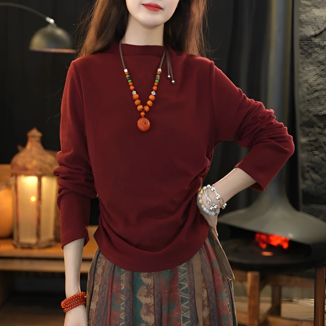 顾玖儿复古红秋冬双面德绒上衣高弹半高领打底衣#V209