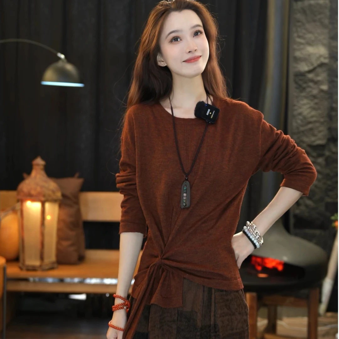 顾玖儿焦糖色宽松长袖时尚百搭上衣#WS9817