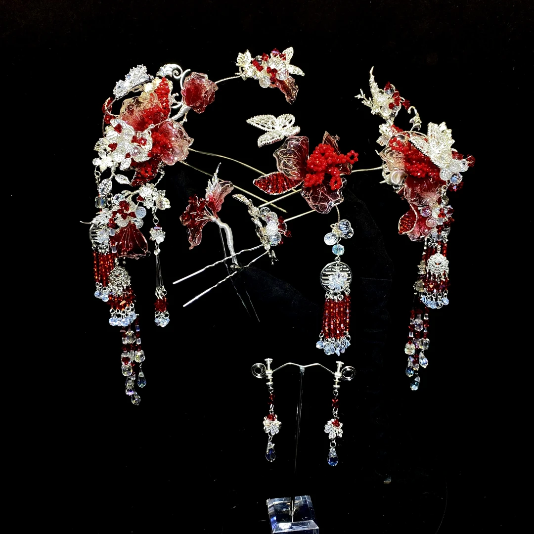 1022#银红色新娘头饰银红色秀禾头饰7件套