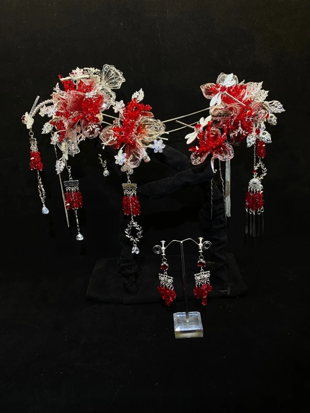 1023#银红色步摇新娘秀禾头饰结婚中式复古发饰