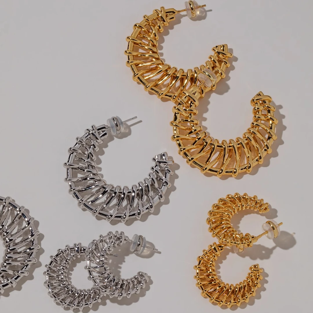 boonee alus 铜合金合成锆石耳饰 时尚C圈耳钉女镂空C耳圈