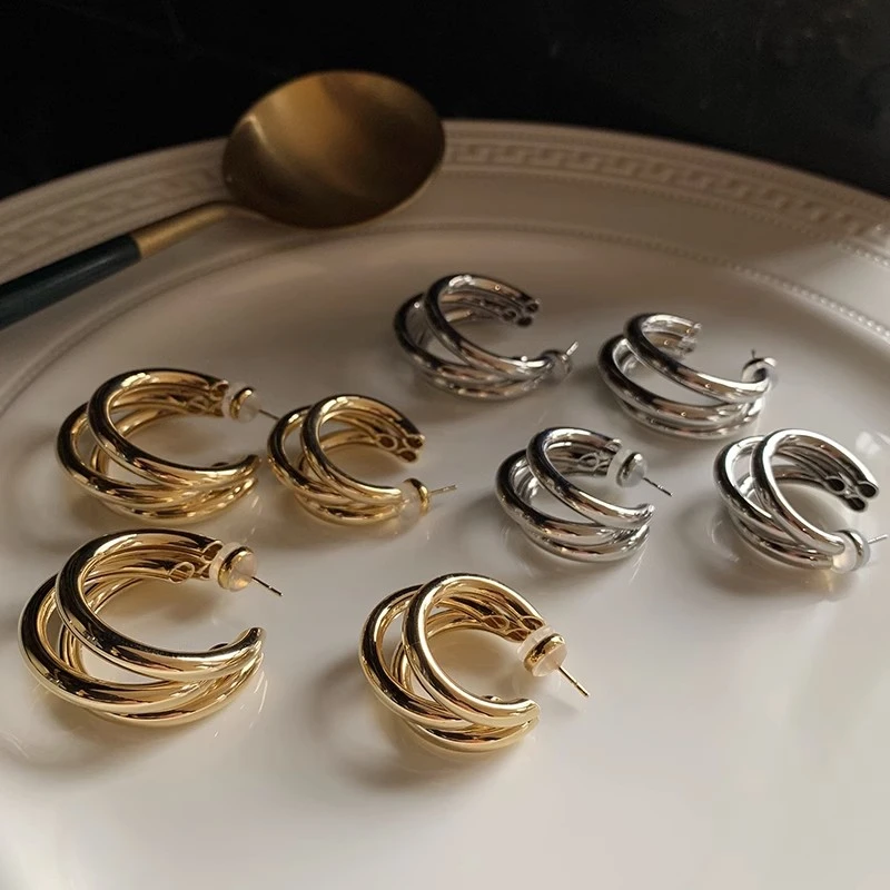 boonee alus 铜合金耳饰 三圈ins金色圈圈耳钉法式耳饰个性百搭