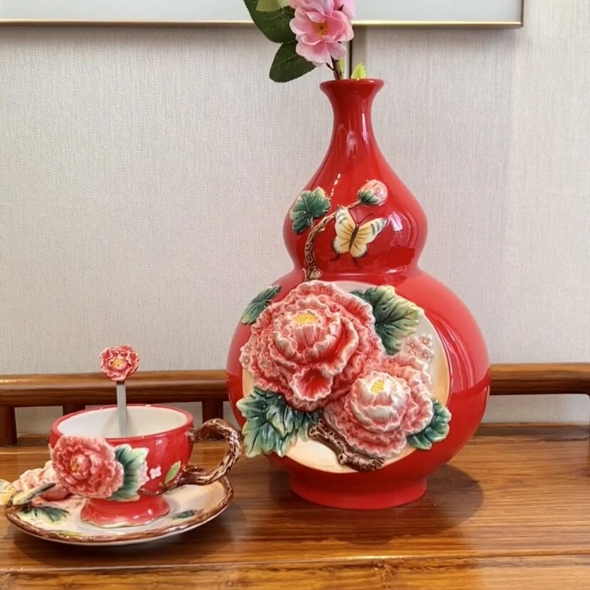 方亚花好月圆牡丹花陶瓷花瓶干花花瓶鲜花花瓶家居饰品结婚礼品