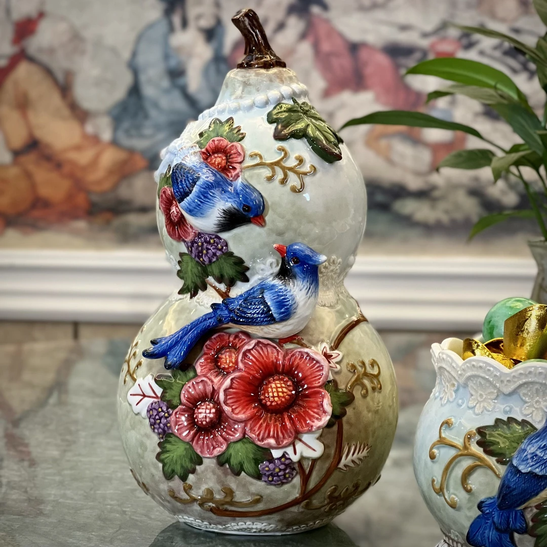 喜鹊与杜鹃花葫芦陶瓷存钱筒储蓄罐家居饰品生日礼品