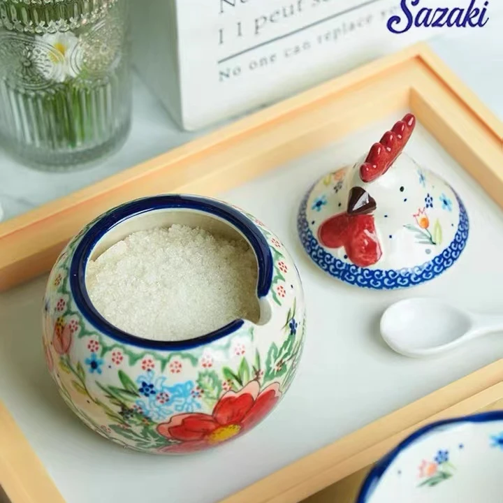 波兰风咕咕鸡陶瓷调味罐家用釉下彩小众个性盐罐带勺大容量糖罐