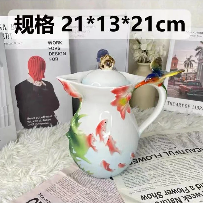 珐琅瓷金鱼蜂鸟凉水壶茶壶手绘釉下彩法式