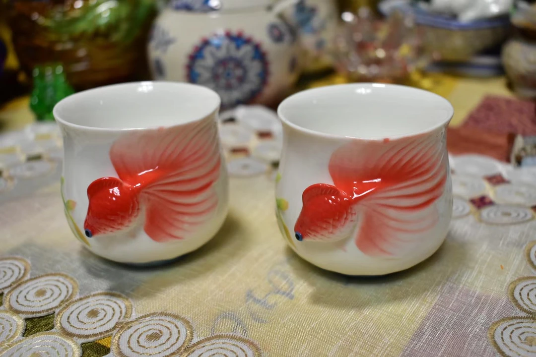 珐琅瓷金鱼茶具组手工