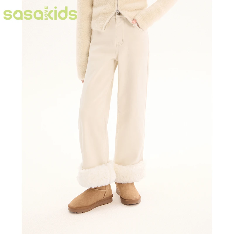 sasakids翻边毛边牛仔裤松紧腰头复合加绒加厚直筒裤九分裤女裤