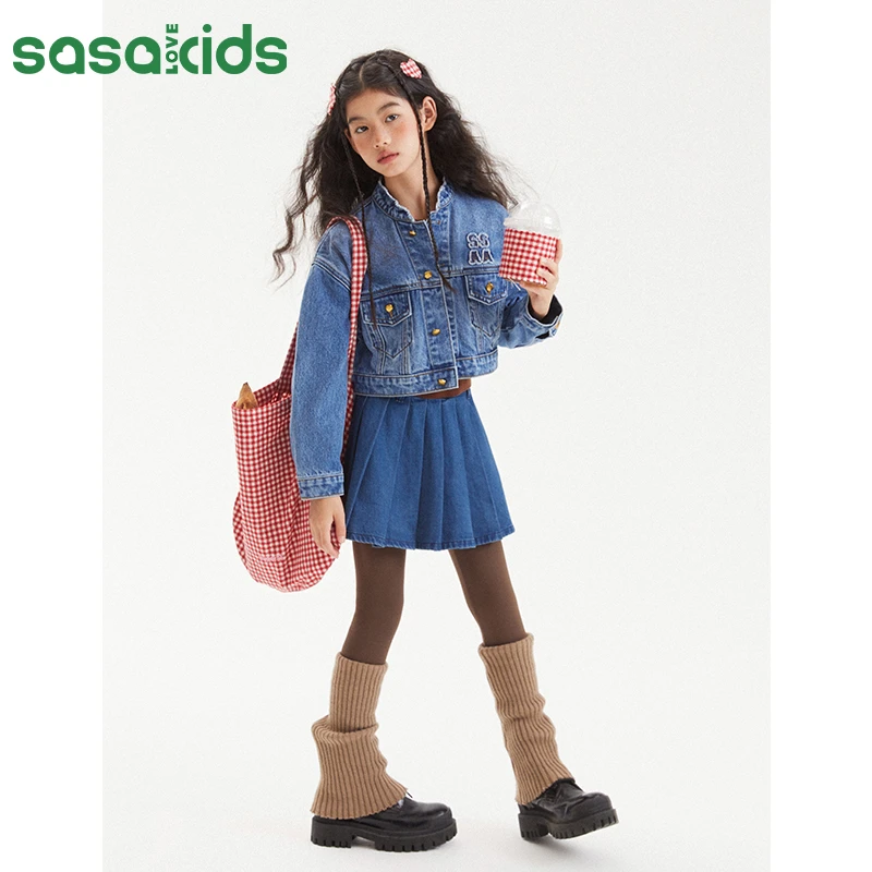 SASAKIDS 学院风经典百搭牛仔百褶裙