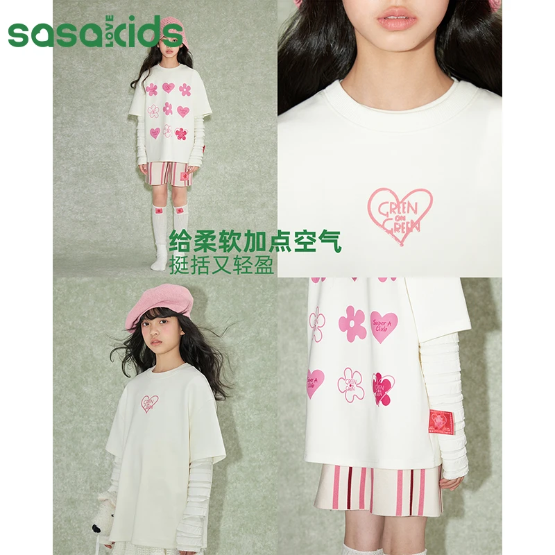sasakids 盖比特空气层双面穿宽松花朵立体硅胶印花春款T恤百搭