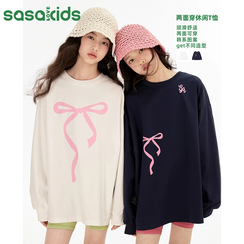 sasakids 夏季两面穿圆领蝴蝶结印花休闲宽松长袖女童T恤