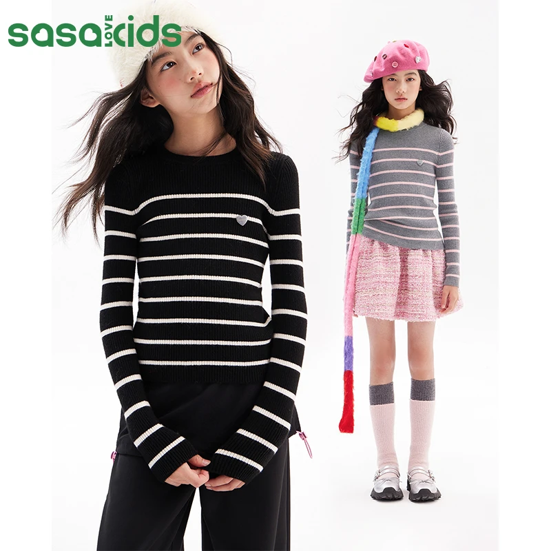 sasakids【彩色系列】条纹毛衣打底衫撞色圆领舒适休闲宽松女童装