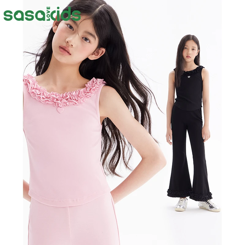 sasakids女童夏季高腰领口褶皱边休闲无袖修身高腰薄款女打底高腰