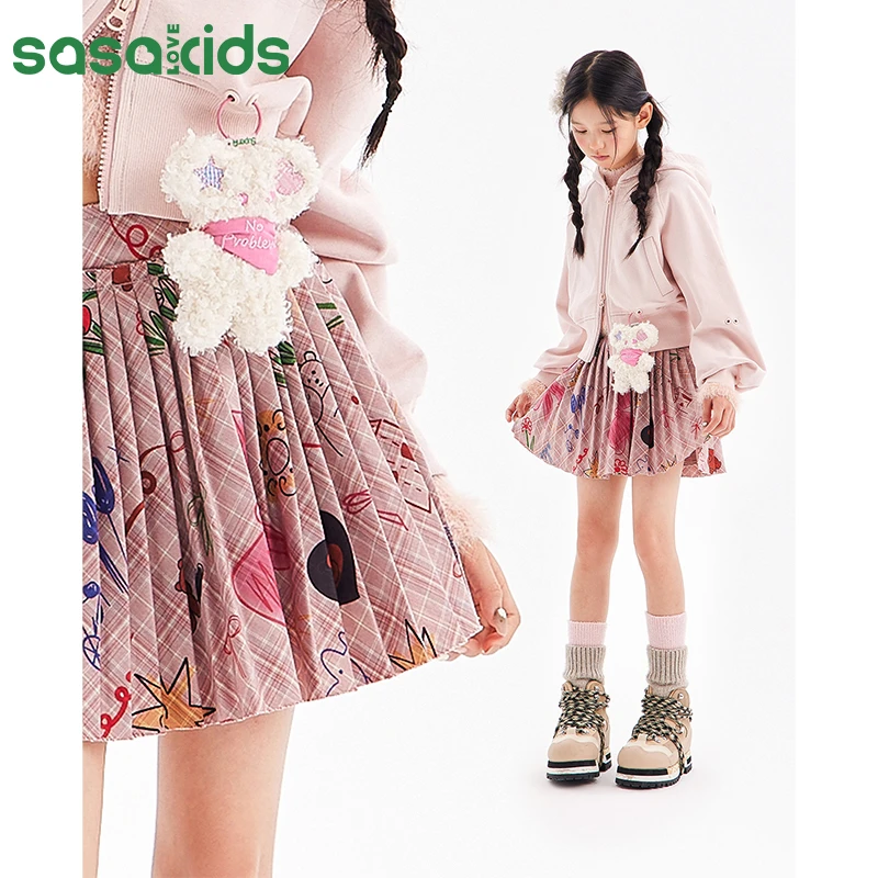 sasakids格纹松弛感毛边细压褶百褶裙内衬半裙短裙潮流百搭女童装
