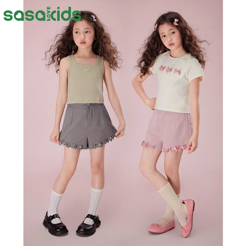 sasakids甜美立体蝴蝶结TR西装A字女童短裤