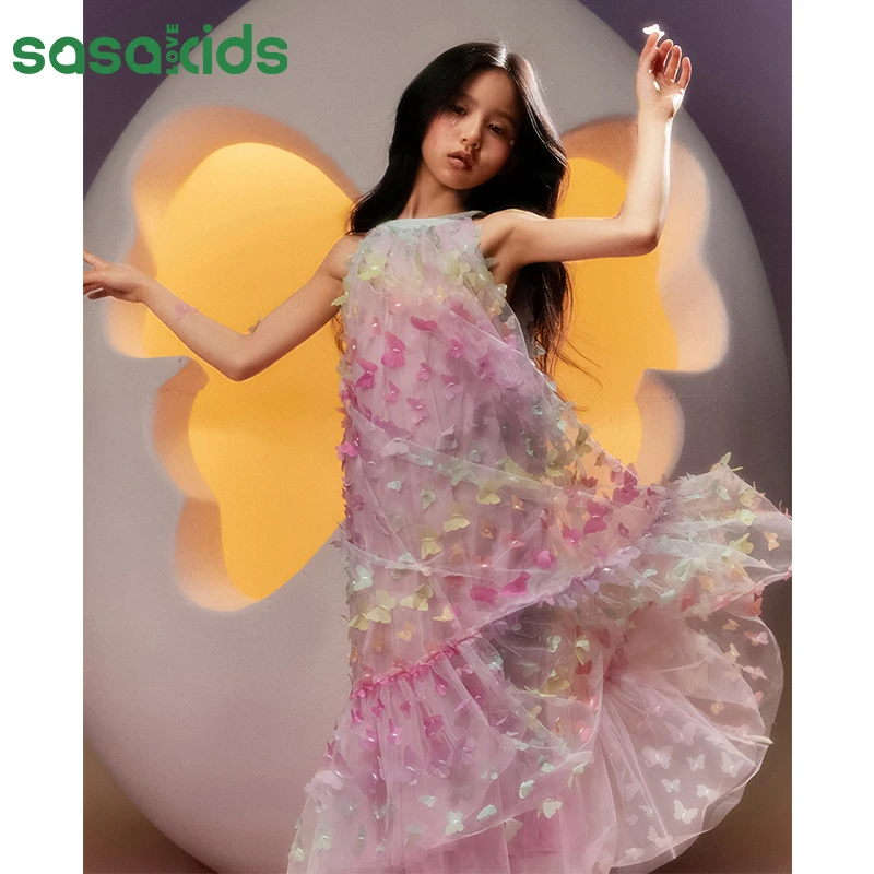 sasakids【商场同款】蝴蝶渐变挂脖无袖背心裙夏季网纱彩色连衣裙