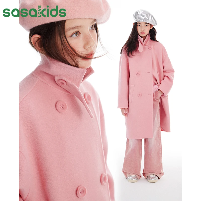 sasakids 100%绵羊毛双面呢大衣 温暖舒适秋冬松弛感双排扣立领