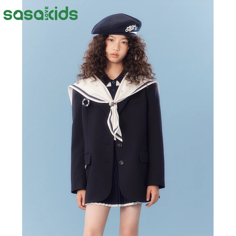 sasakids【少女航海家】爱心金属标宽松感垫肩西装外套利落挺括女童