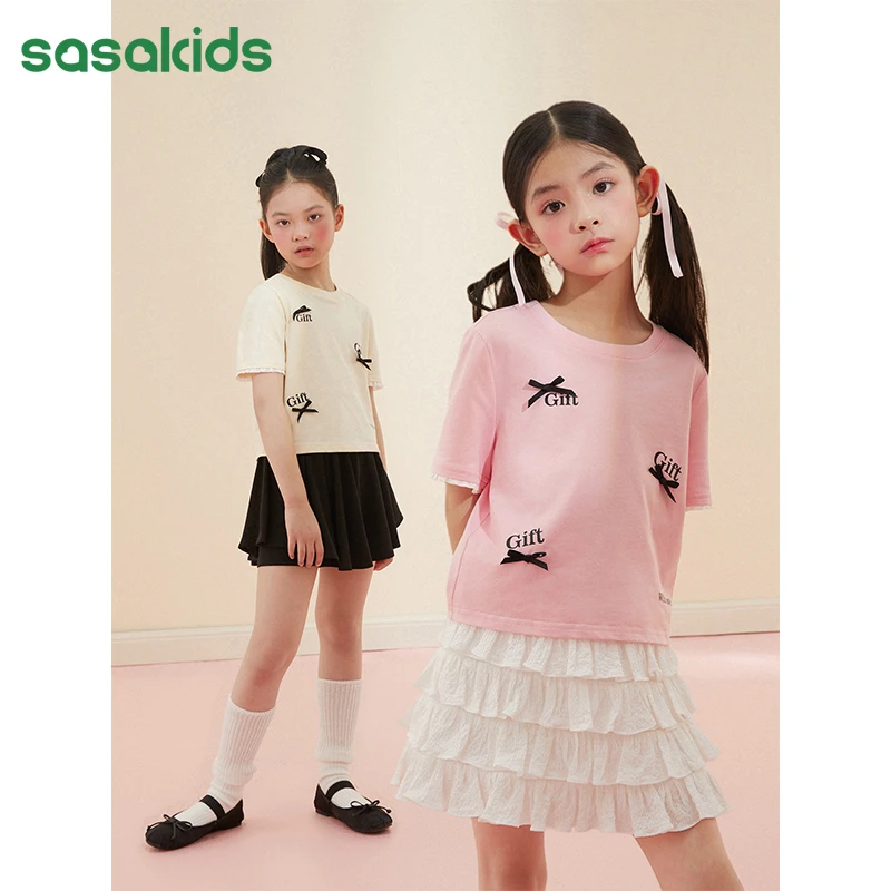 sasakids 芭蕾风精致（立体蝴蝶结）T恤女童简约纯色短袖