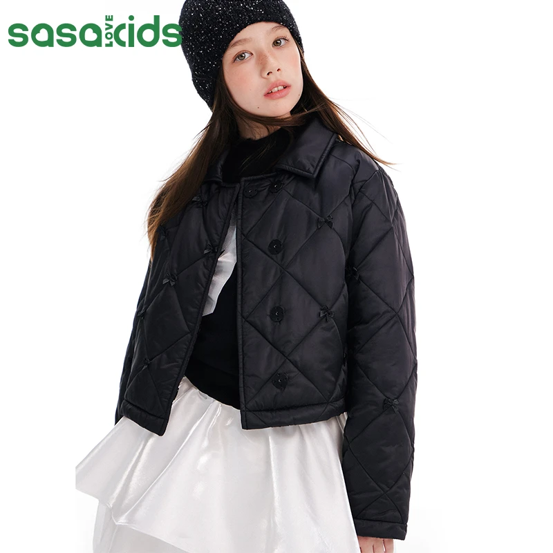 sasakids甄选黑科技3M新雪丽棉外套 防风保暖缎面蝴蝶结翻领棉服