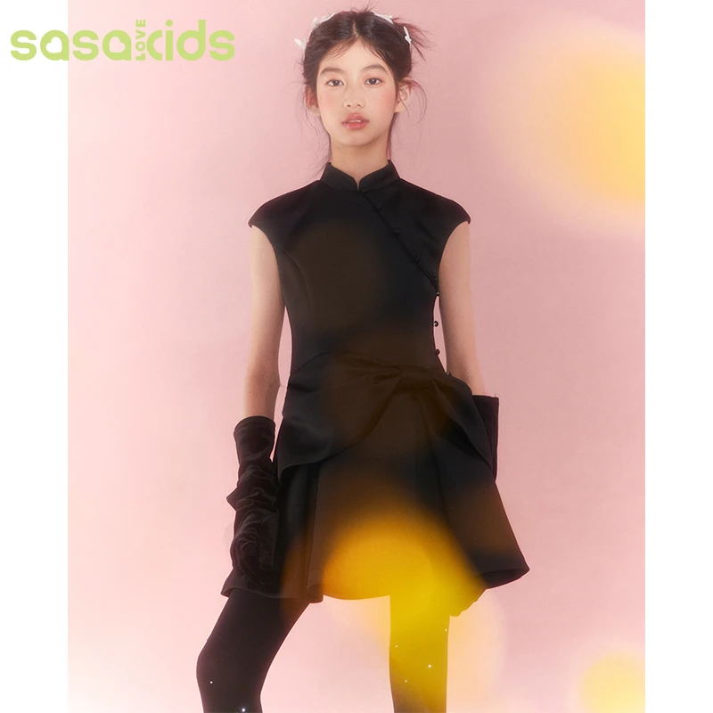 sasakids【新中式小黑裙】缎面蝴蝶结连衣裙立领蘑菇扣光泽蓬蓬裙