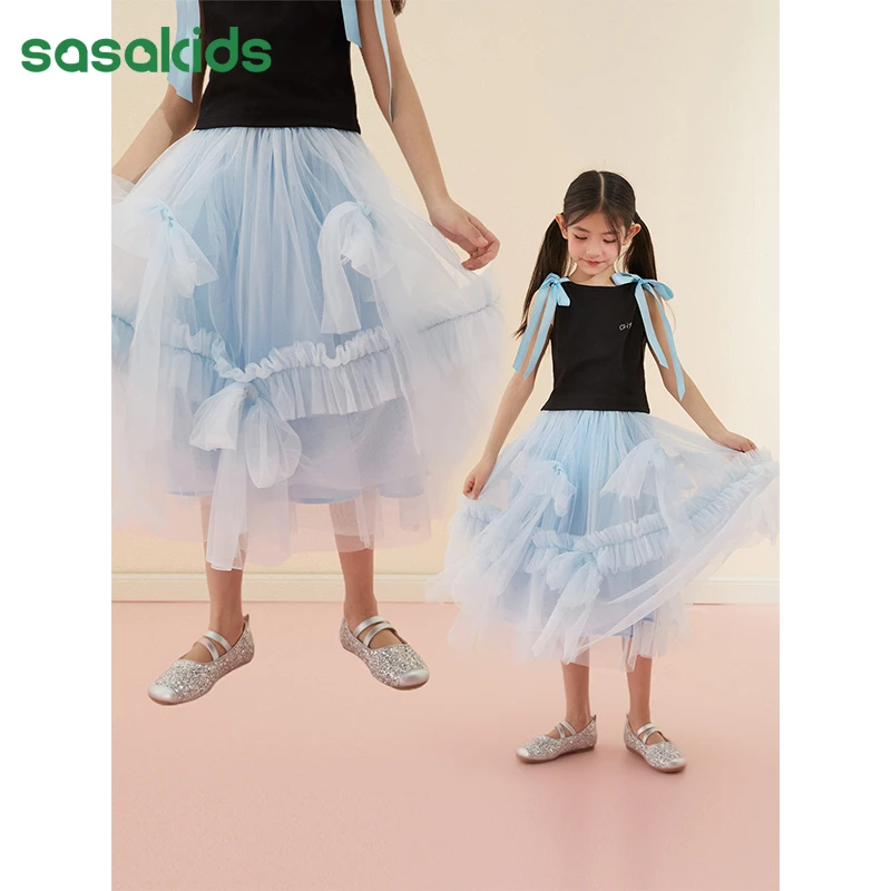 LOVESASAKIDS  重工蝴蝶结网纱短裙女童纯色无痕腰头半身裙