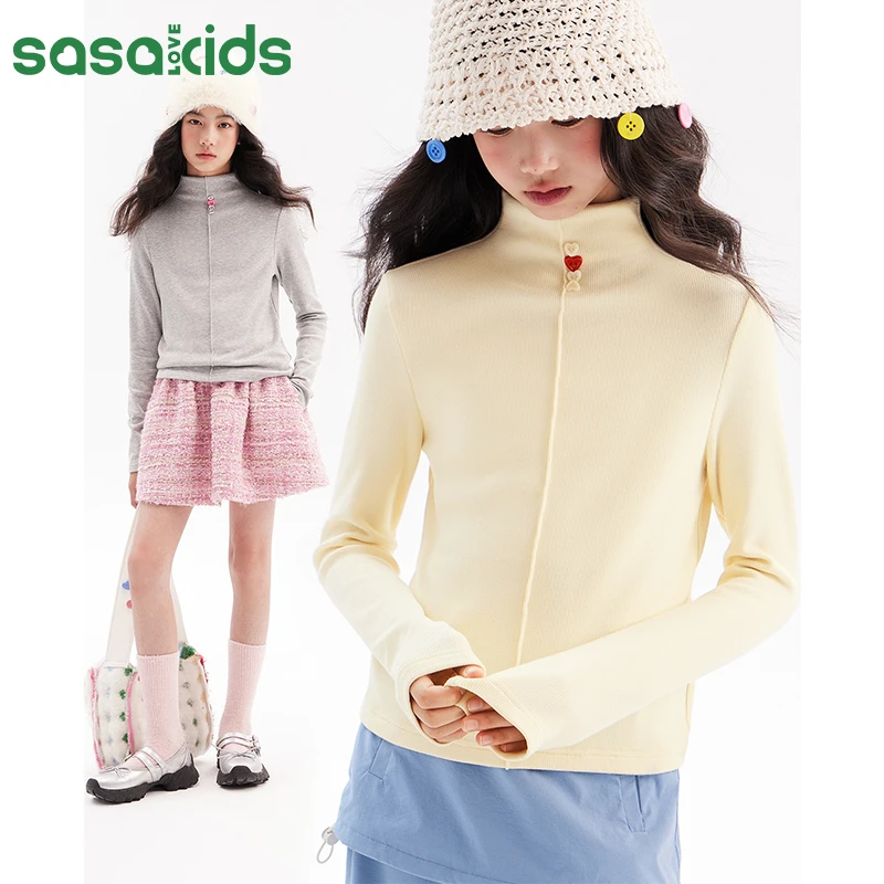 sasakids【彩色系列】秋冬亲肤加绒爱心扣基础百搭打底衫女童装