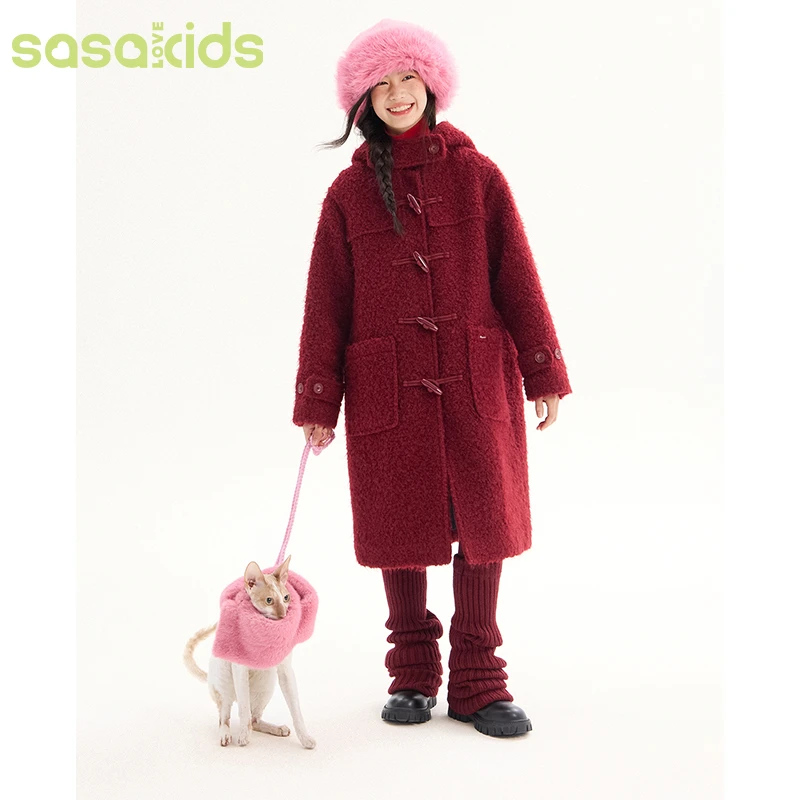 sasakids【小红帽牛角扣大衣】羊毛混纺温暖舒适连帽毛呢学院外套