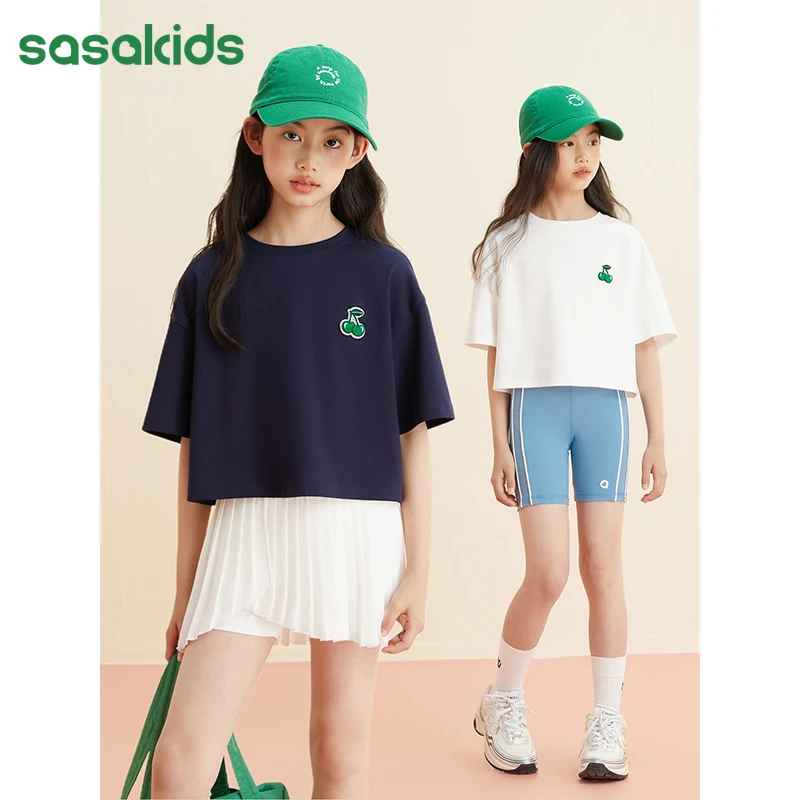 sasakids丝柔棉双面撞色樱桃牙刷绣标短款T恤