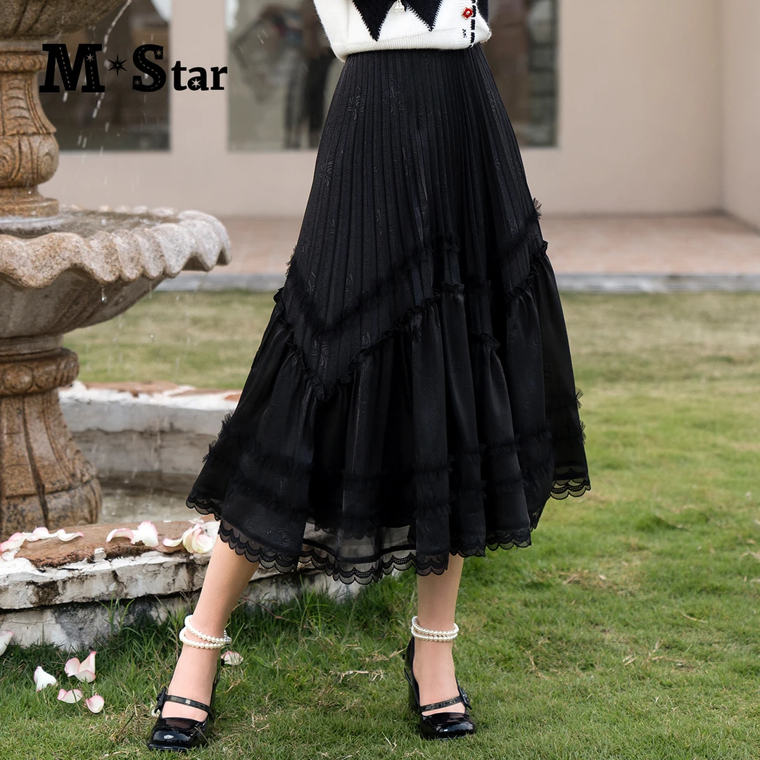 【老板娘夏天】M-Star法式百褶蕾丝中长高腰半身裙 SEEQ131504