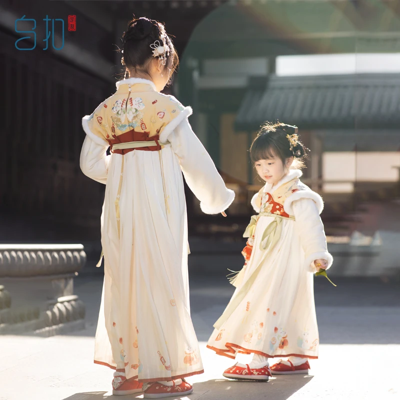 乌扣.小招彩 汉服女童套装冬装高档儿童服装中国风过年保暖连衣裙