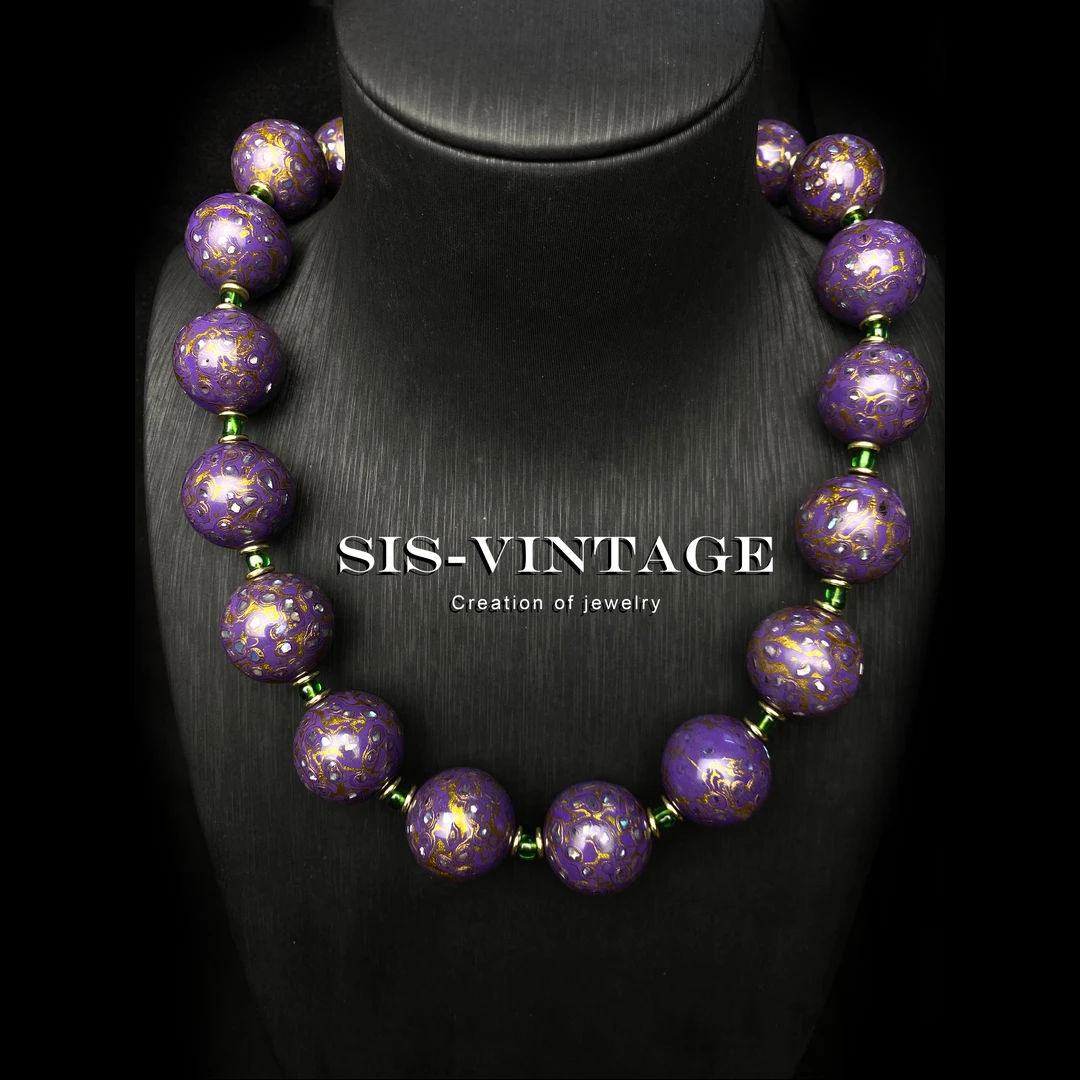 铜合金木质项链 千紫 卡20MM大漆珠满镶国风项链