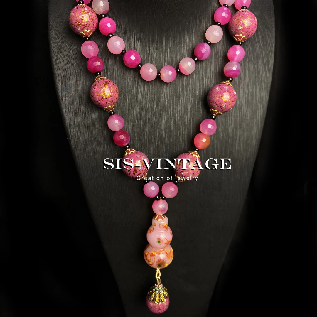 铜合金琉璃项链 伊人笑 金红凤眼葫芦大漆珠太太服毛衣链旗袍项链