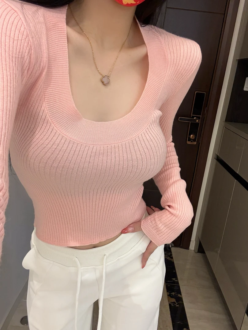 【露露定制】纯欲性感U领修身显瘦纯色长袖弹力针织衫上衣