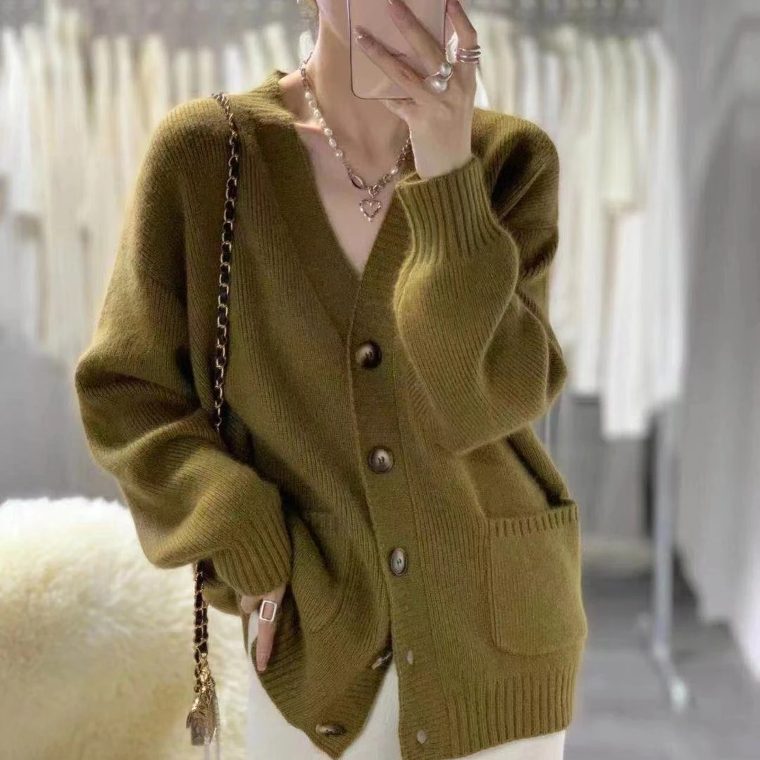 ZHIJIEFUSHI.【时尚慵懒】V领单排扣双口袋针织开衫